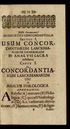 Sectio I. Usum Concordantiarum Lanckisianarum Generalem In Analysi Sacra exhibens.