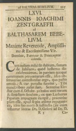 LXVI. Ioannis Ioachimi Zentgraffii ad Balthasarem Bebelium