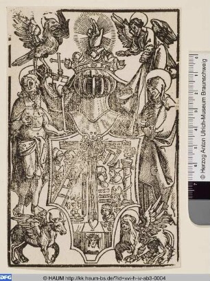 Arma-Christi-Wappen mit dem Schmerzensmann und Maria, umgeben von den Evangelistensymbolen
