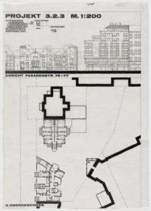 Städtebaulicher Ideenwettbewerb Fasanenstraße (nicht realisiert) – Fasanenstraße 76-77: Ansicht, Grundriss 2. OG. Berlin-Wilmersdorf, Fasanenstraße 76-77, 81, 84-85, Kanstraße 155-157, Lietzenburger Straße 67-71