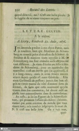 Lettre CCCVIII. A la même. A Livry, Vendredi 82. Août, 1676