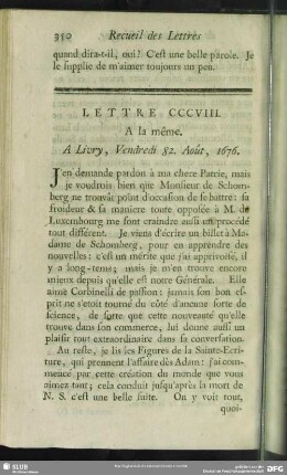 Lettre CCCVIII. A la même. A Livry, Vendredi 82. Août, 1676