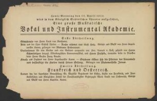 Zwei Programmzettel von einem Konzert vom 15. April 1810