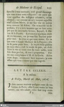 Lettre CCLXXIX. A la même. A Vichy, Mardi 26. Mai, 1676