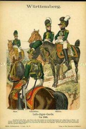 Uniformdarstellung, Jäger, Unteroffizier und Offiziere der Leib-Jäger-Garde, Königreich Württemberg, um 1808.