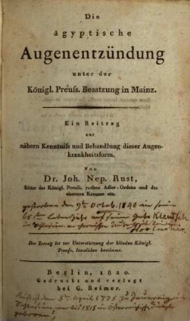 Die ägyptische Augenentzündung unter der Königl. Preuß. Besatzung in Mainz