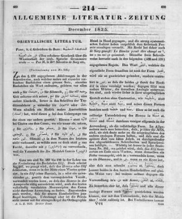 Silvestre de Sacy, A. I.: Grammaire Arabe a l'usage des élèves de l'École Spéciale des Langues Orientales Vivantes. 2. Ausg.. Tom. 1-2. Paris: De Bure 1831 (Fortsetzung von Nr. 213.)