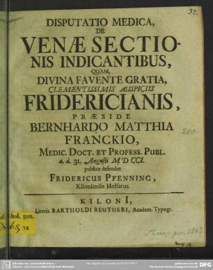 Disputatio Medica, De Venae Sectionis Indicantibus