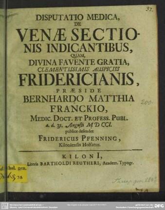 Disputatio Medica, De Venae Sectionis Indicantibus