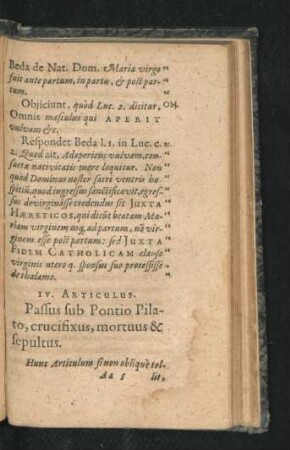 IV. Articulus. Passus sub Pontio Pilato, crucifixus, mortuus & sepultus.