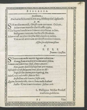 In obitum. Zachariae Schureri Civis atq[ue] Bibliopolae Lipsiensis p. m.