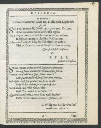 In obitum. Zachariae Schureri Civis atq[ue] Bibliopolae Lipsiensis p. m.