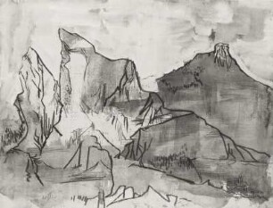 Konstruktive Gebirgslandschaft mit See und Häusern