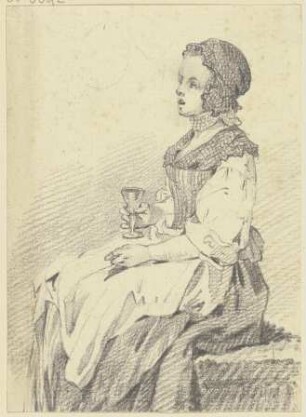 Sitzendes junges Mädchen mit Haube und Halsband, im Profil nach links, ein Glas in der rechten Hand haltend