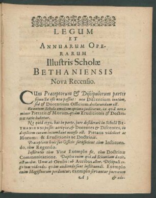 Legum Et Annuarum Operarum Illustris Scholae Bethaniensis Nova Recensio.