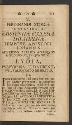 V. Ferdinandi Stosch Demonstratio Existentiae Ecclesiae Thyatirenae Tempore Apostoli Johannis, ...