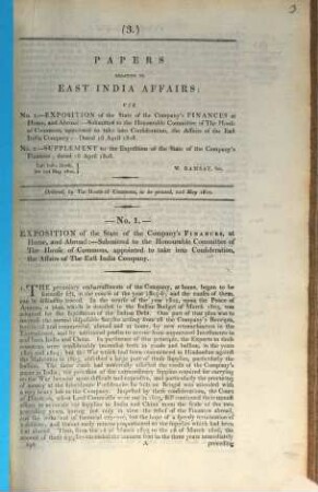 Papers relating to East India affairs : viz. No. 1 Exposition of the state of the Company's finances ... Dated 1. April 1808
