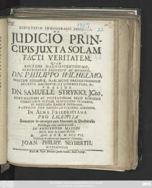 Disputatio Inauguralis Juridica, De Judicio Principis Juxta Solam Facti Veritatem
