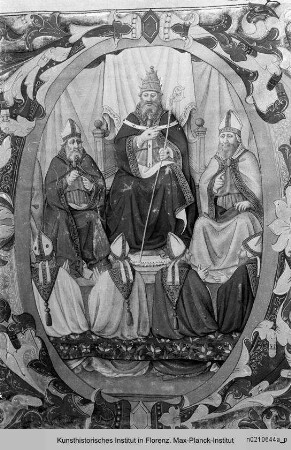 Antiphonar : Buchseite mit historisierter Initiale C: Papst, von Bischöfen umgeben