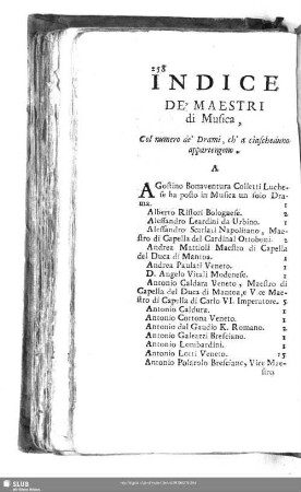 Indice De' Maestri di Musica, col numero de' Drami, ch' a ciascheauno appartengono