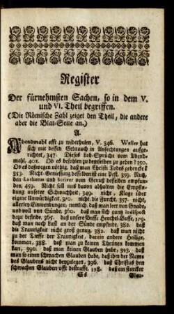 Register Der fürnehmsten Sachen, so in dem V. und VI. Theil begriffen