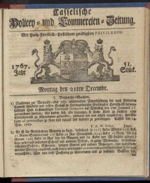 51. Stueck, Montag den 21ten Decembr. 1767