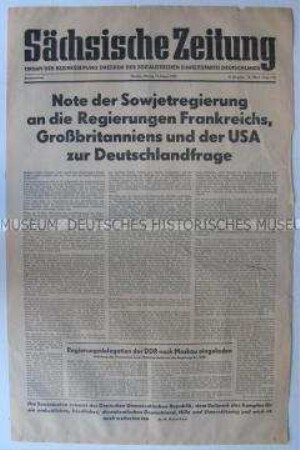 Sondernummer der regionalen Tageszeitung "Sächsische Zeitung" zur Note der UdSSR an die Westmächte zur "Deutschlandfrage" vom 16. August 1953