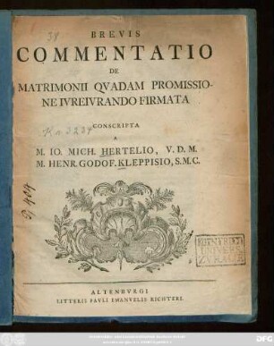 Brevis Commentatio De Matrimonii Qvadam Promissione Ivreivrando Firmata