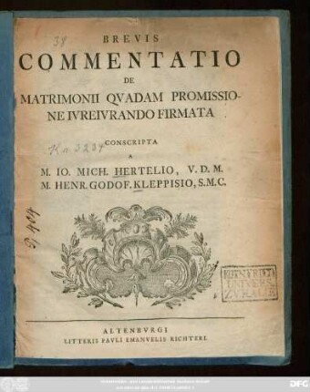 Brevis Commentatio De Matrimonii Qvadam Promissione Ivreivrando Firmata