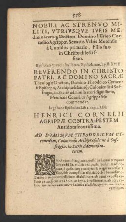 Henrici Cornelii Agrippae Contra Pestem Antidota securissima. Ad Dominvm Theodoricvm Cyrenensem [...]