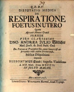 Disputatio medica de respiratione foetus in utero