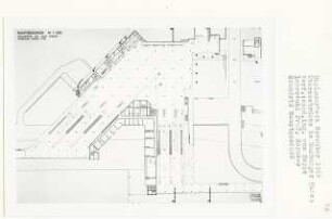 Überseebrücke Hamburger Hafen, Hamburg-St. Pauli (Diplomarbeit bei Bernhard Hermkes): Passagiersteg, Zoll, Halle, Vorfahrt, Verwaltung, Dienste, Grundriss Hauptgeschoss + 9.00, 1:200