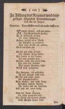 ... beygefüget folgendes Ermunterungs-Lied für die Pilger