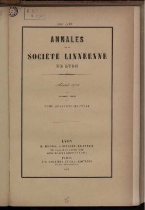48: Annales de la Société Linnéenne de Lyon et des Société Botanique de Lyon, Société d'Anthropologie et de Biologie de Lyon réunies