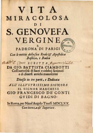 Vita miraculosa di S. Genovefa vergine & padrona de Parigi