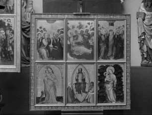 Montage verschiedener Retabel-Fragmente — Christus als Richter mit Maria und Johannes
