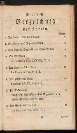 Verzeichniß der Fabeln.
