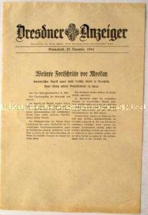 Nachrichtenblatt "Dresdner Anzeiger" zu Meldungen des OKW über das Vorrücken der Wehrmacht nach Moskau, Leningrad und Tobruk