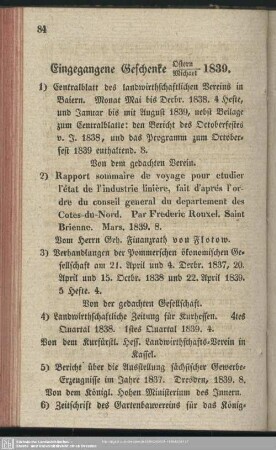 Eingegangene Geschenke Ostern - Michael 1839