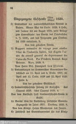 Eingegangene Geschenke Ostern - Michael 1839