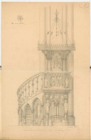Kanzel der St. Ludwigskirche, Berlin-Wilmersdorf Monatskonkurrenz April 1901: Aufriss Ansicht des Kanzel (mit Rückwand und Schalldeckel); Maßstabsleiste