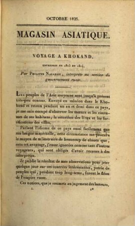 Magasin asiatique ou revue géographique et historique de l'Asie centrale et septentrionale. 1. 1825/26