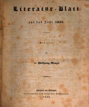 Morgenblatt für gebildete Stände. Literatur-Blatt, 1835