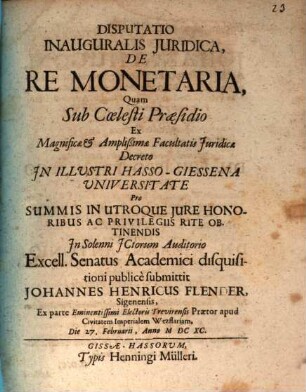 Disputatio inauguralis iuridica de re monetaria