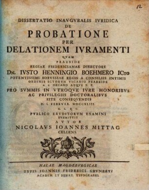 Dissertatione inauguralis iuridica de probatione per delationem iuramenti