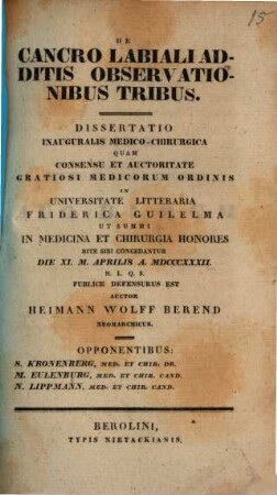 De cancro labiali additis observationibus tribus : Diss. inaug. med. chir.