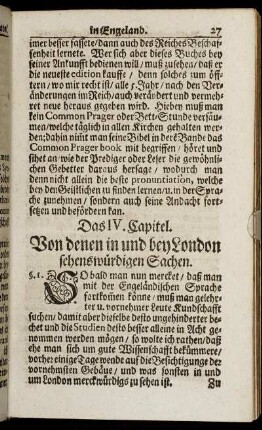Das IV. Capitel. Von denen in und bey London sehenswürdigen Sachen.