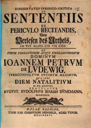 Dissertatio Ivridico Critica De Sententiis Ex Pericvlo Recitandis, Vom Verlesen des Urthels