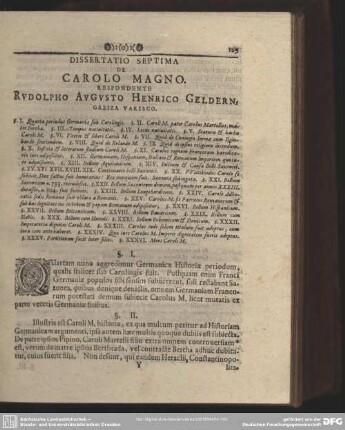Dissertatio Septima De Carolo Magno. Respondente Rudolpho Augusto Henrico Geldern, Greiza Varisco