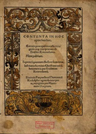 Contenta in hoc opere sunt haec Catonis praecepta moralia